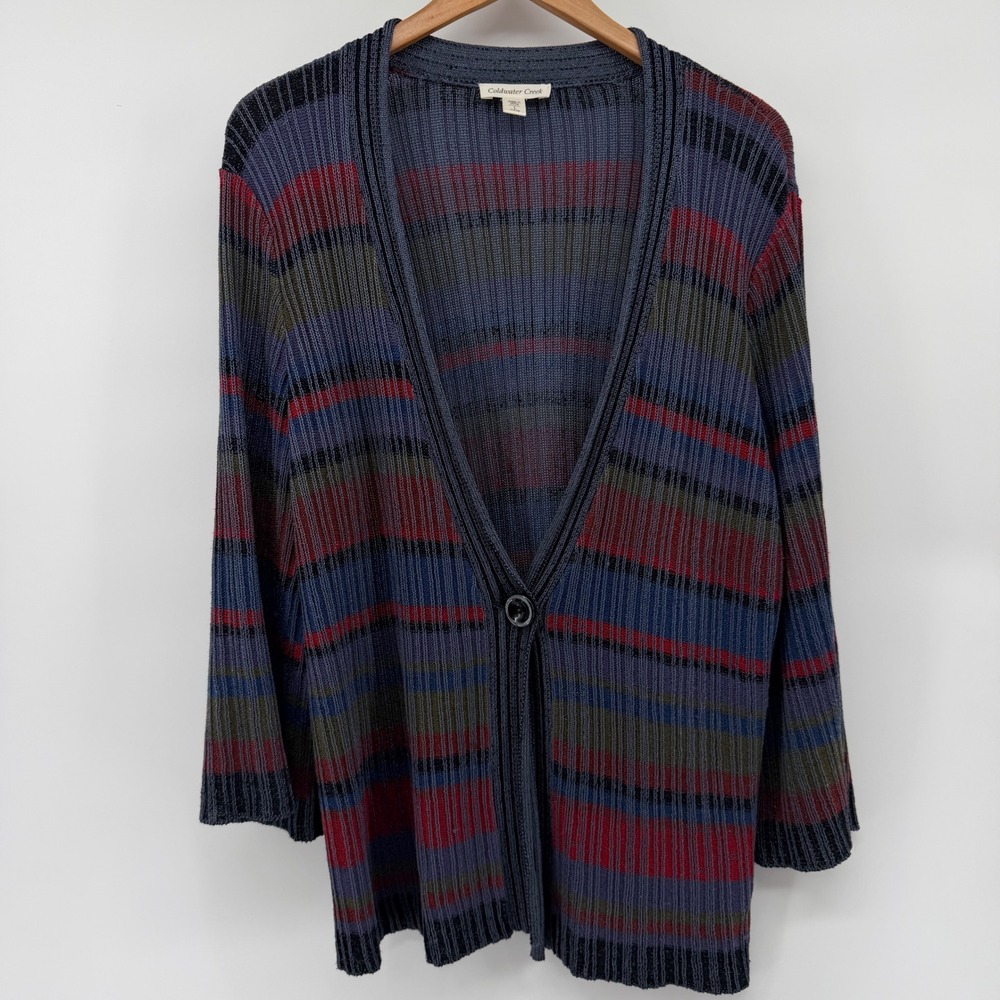Coldwater Creek Womens L Striped Ribbed Single Button Cardigan Bell Sleeve Blue